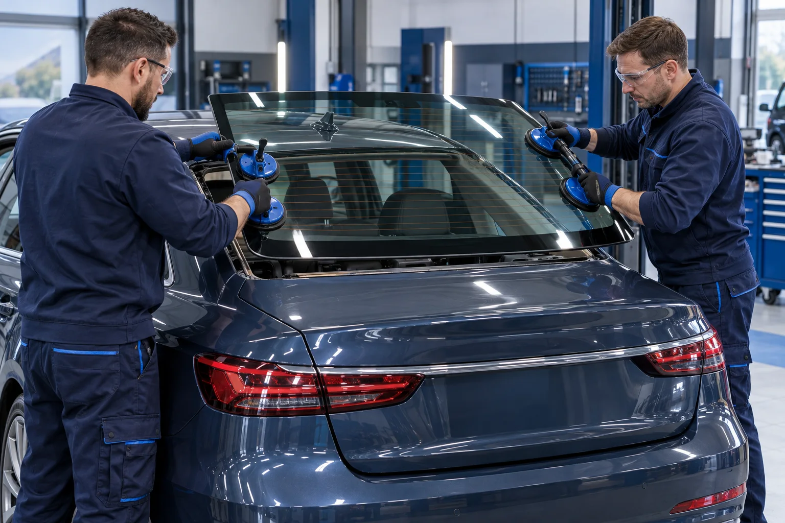 Technicien expert installant une lunette arrière automobile