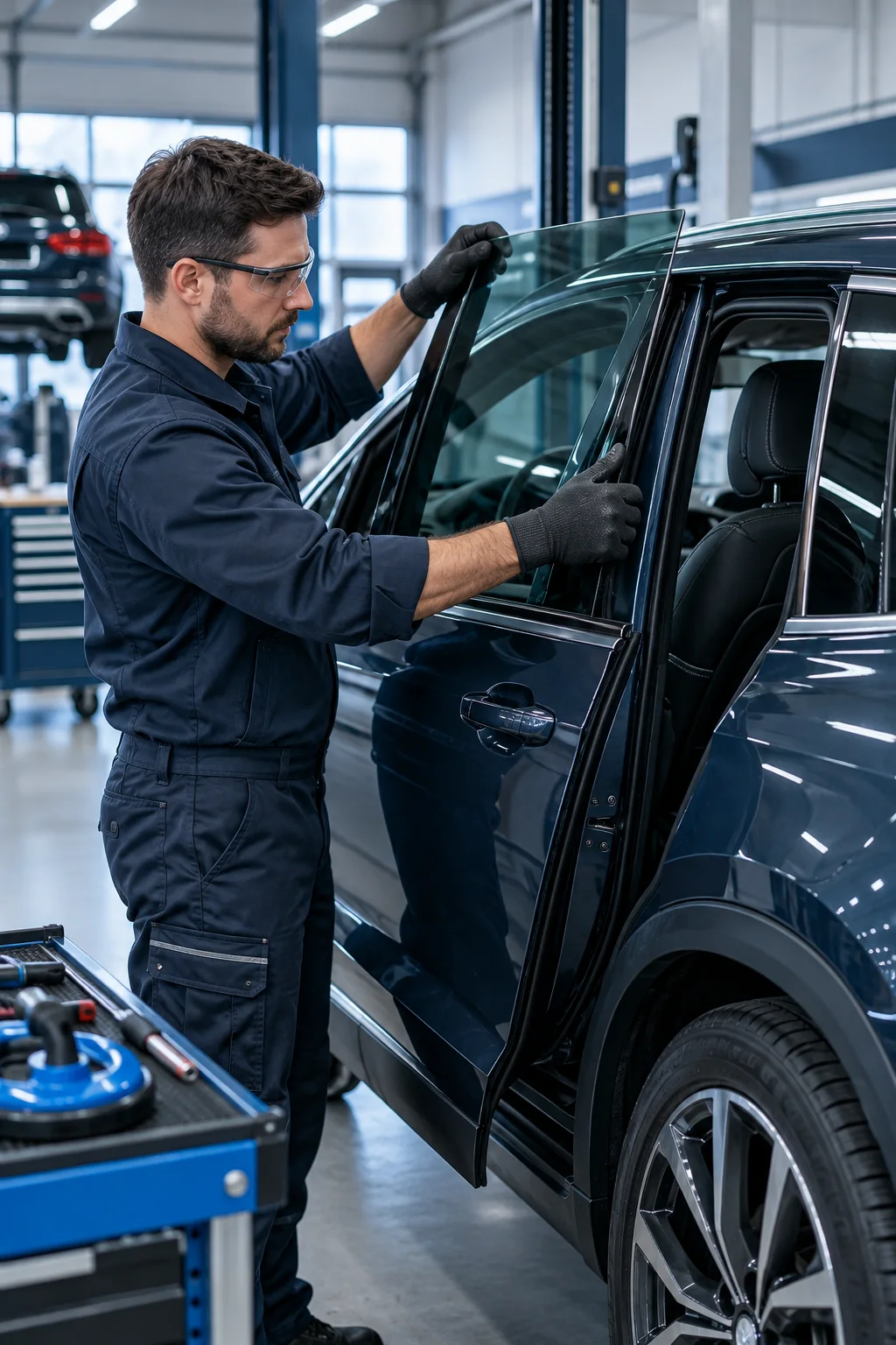 Technicien remplaçant une vitre latérale automobile